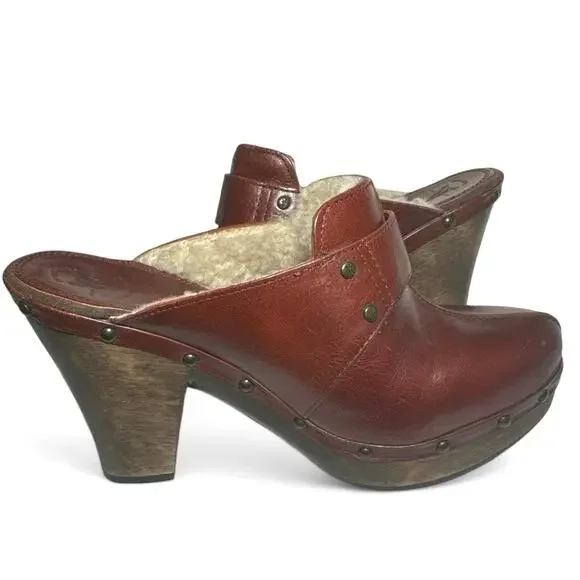 Frye Ella Clogs Stud Burgundy Leather Shearling Wood High Heels Womens 7 - Picture 2 of 8